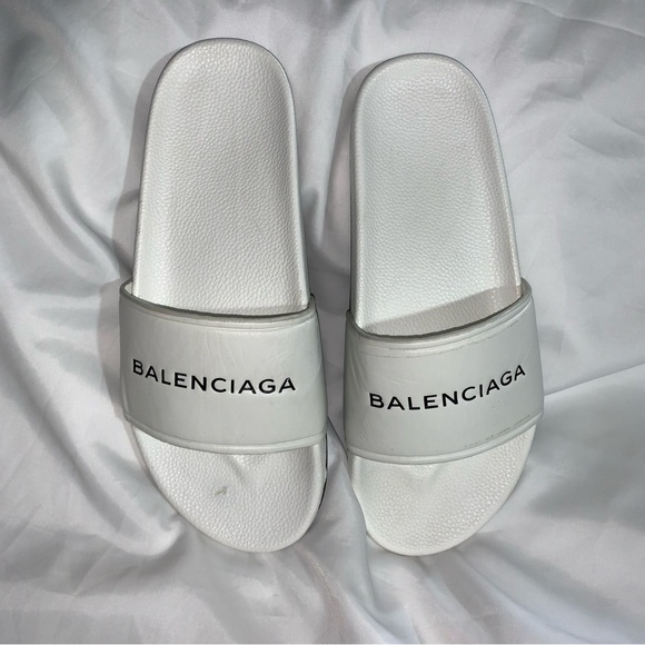 BAKENCIAGA size 45 white leather & rubber POOL SLIDE sandal flip flops - Picture 5 of 10
